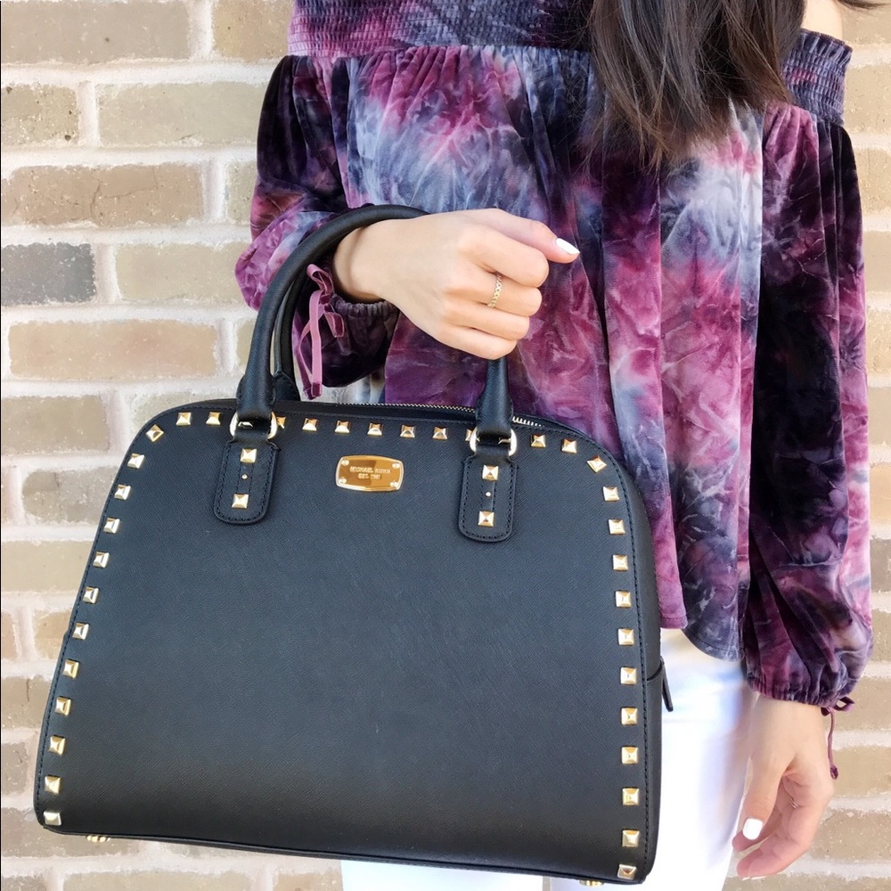 MICHAEL Michael Kors Black Saffiano Leather Medium Studded Sandrine Satchel